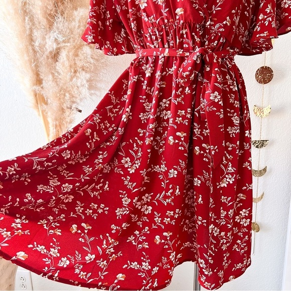 SHEIN Maternity Rust Orange Floral Print Surplice V Neck Short Sleeve Mini Dress - Picture 11 of 14